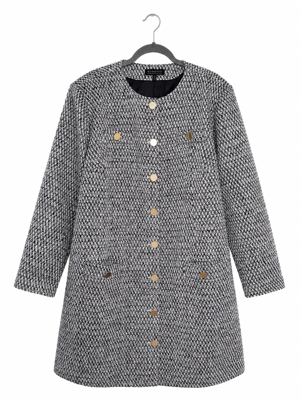 ELOQUII Size 24 Black White Tweed Gold Button Coat Dress Plus Size